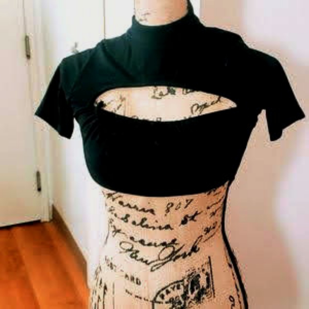 Black Woven Cut Out High Neck Crop Top